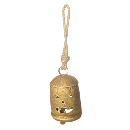 Metal Bell with Jack-O-Lantern Cut-Outs & Jute Hanger